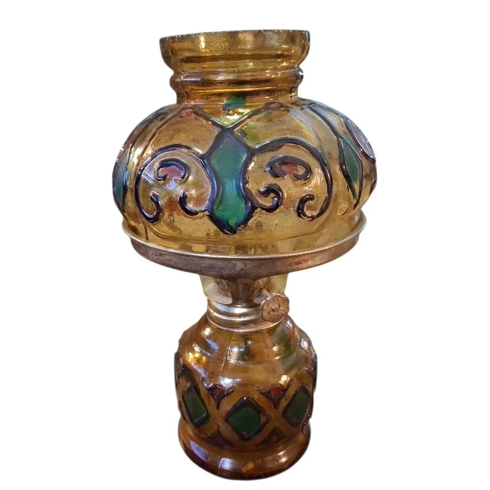 Vintage Sail Boat Brand Amber Glass Stained Glass Oil Lamp Hong Kong 7.5